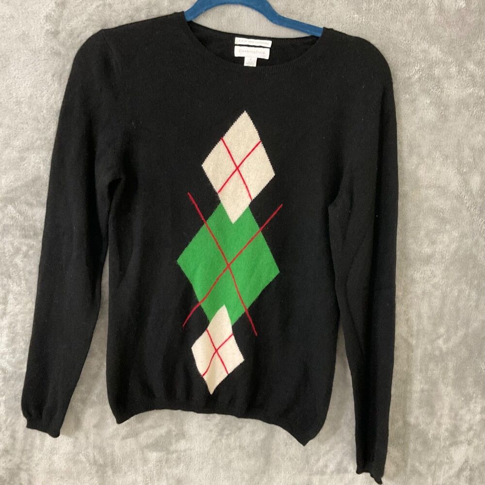 Charter Club 2 ply cashmere Sweater Women S Argyle Crewneck Long Sleeve pull on